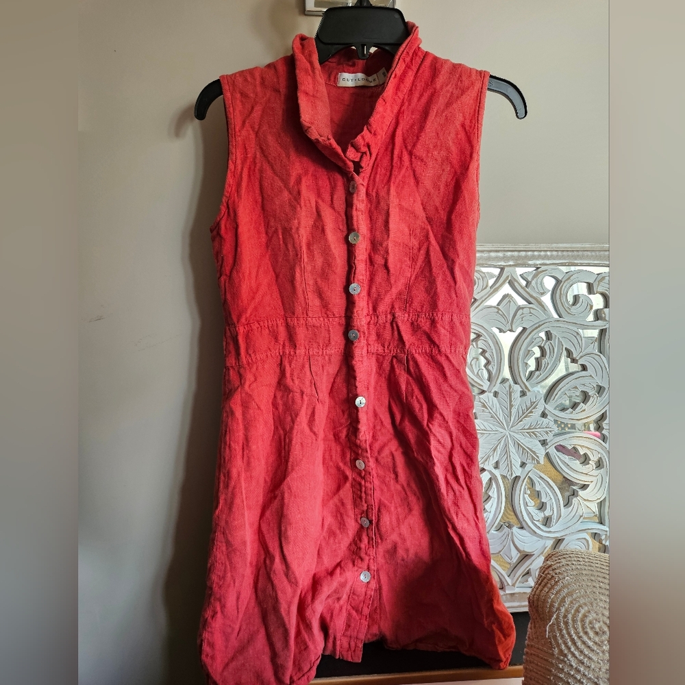Cut Loosr Sleeveless Red Linen Button-Up Dress - Size XS